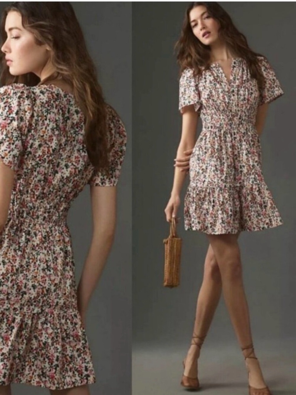 Anthropologie White Floral Somerset Mini Dress with Pink & Green Print Size S